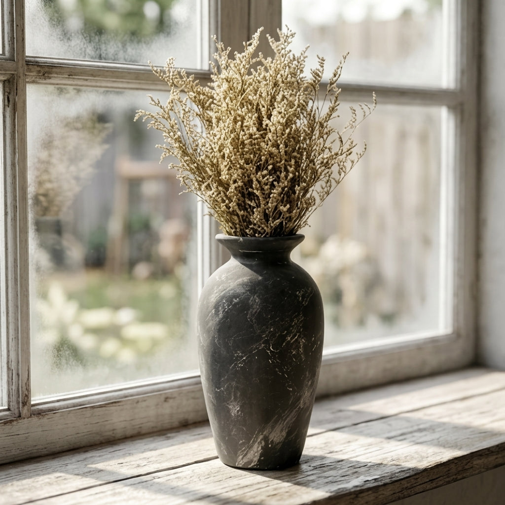 Weathered Charcoal Stone-Look Urn Vase