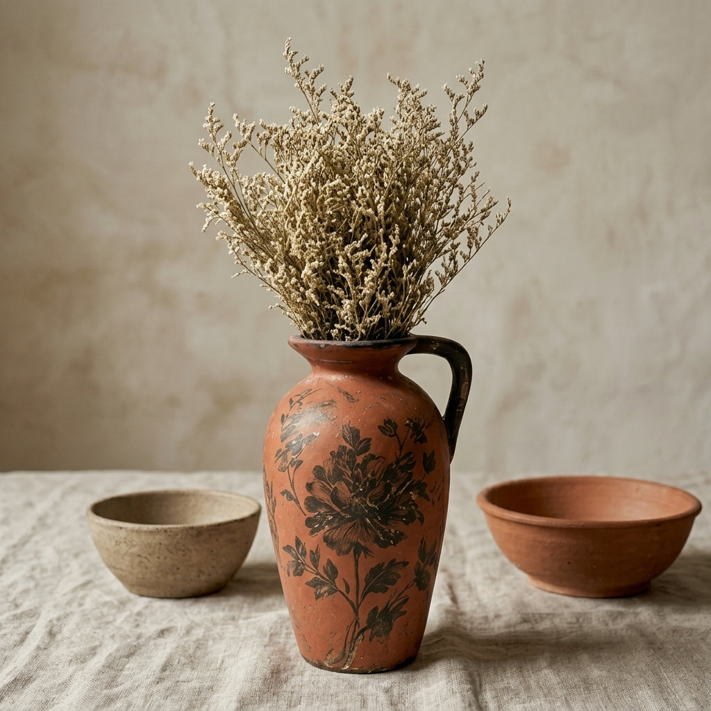 Antiqued Terracotta Black Peony Urn Vase