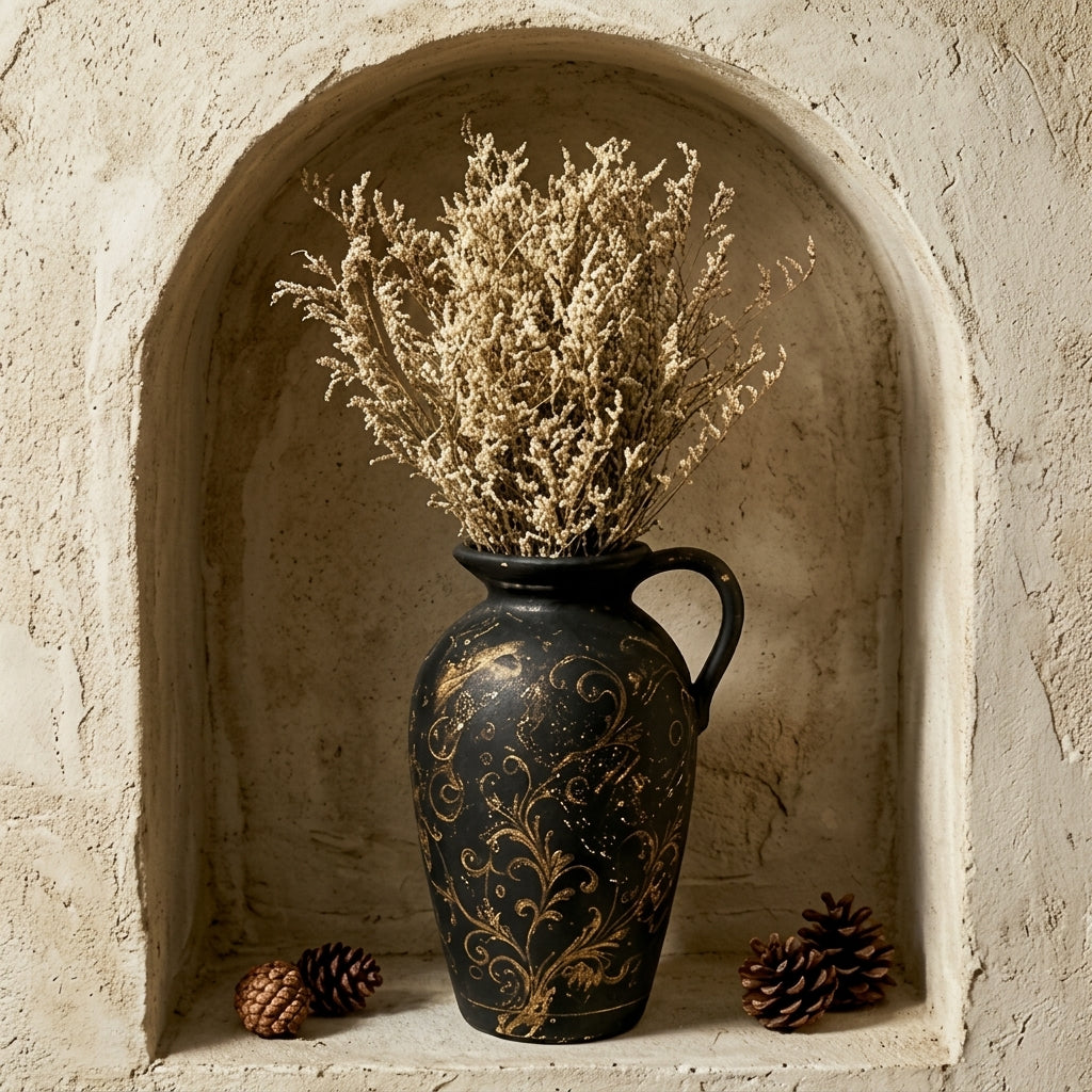 Distressed Gilded Scrollwork Black Urn
