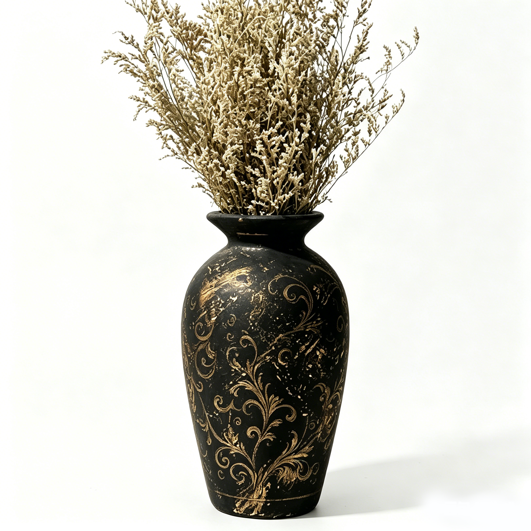 Distressed Gilded Scrollwork Black Urn