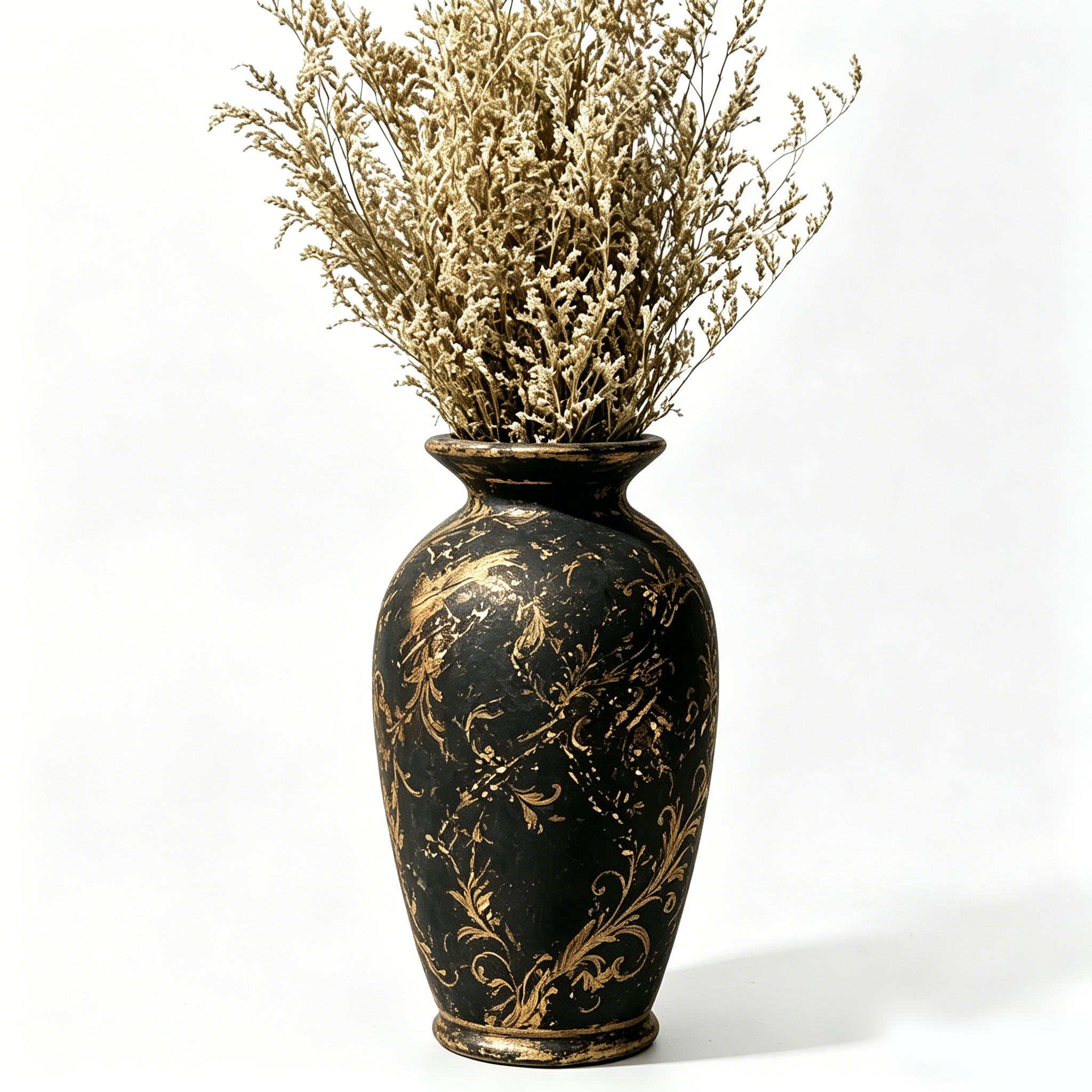 Distressed Black and Gold Scrollwork Urn Vase