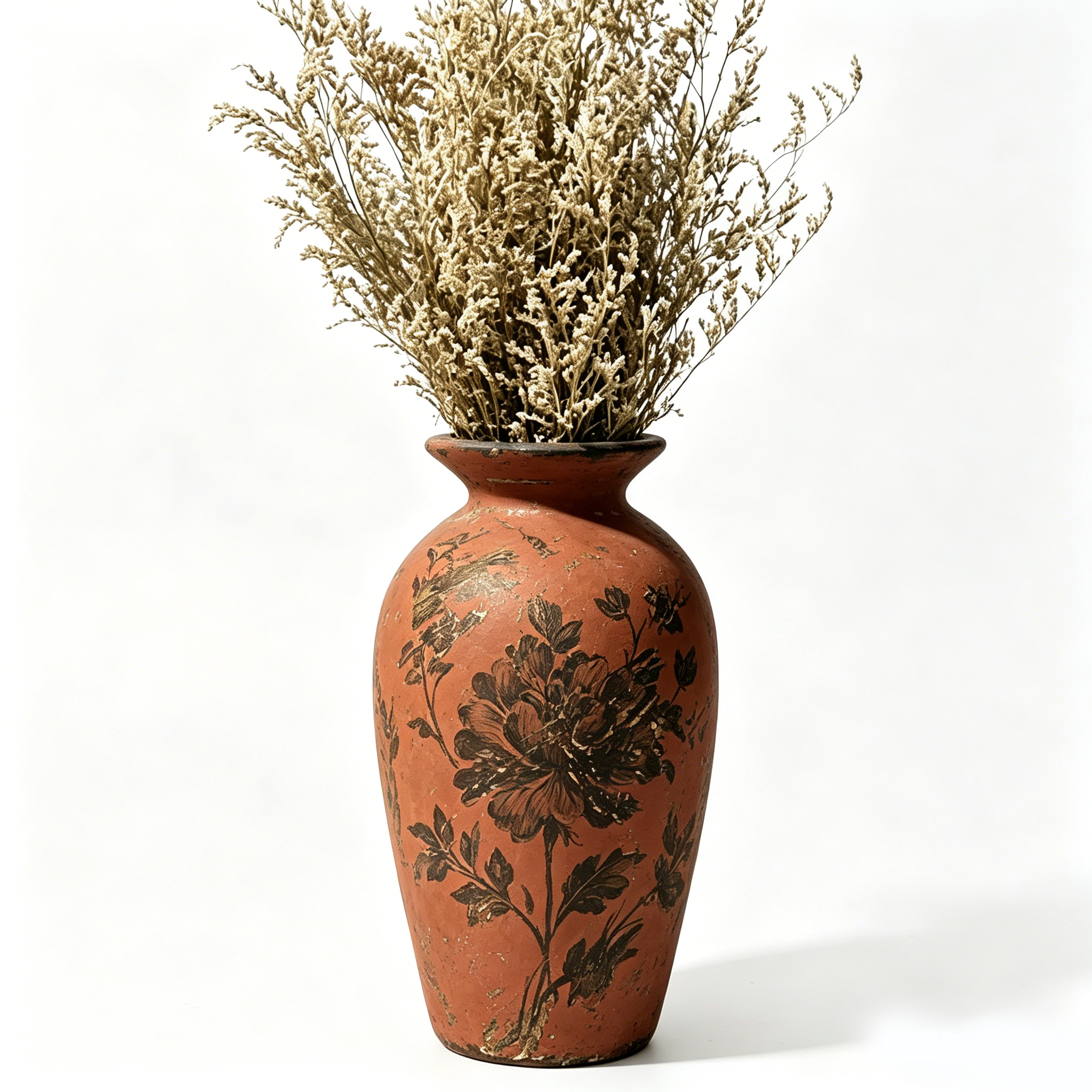 Antiqued Terracotta Black Peony Urn Vase