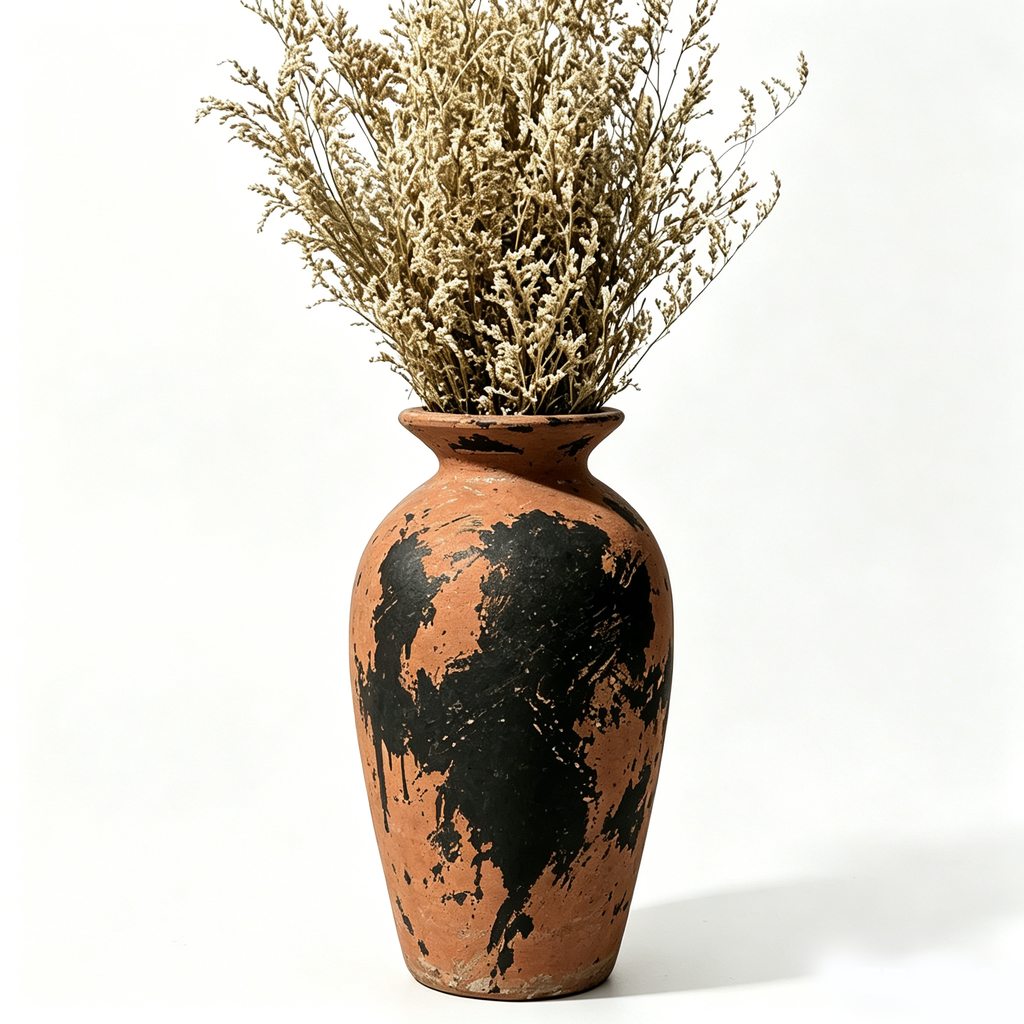 Distressed Terracotta and Black Abstract Urn Vase