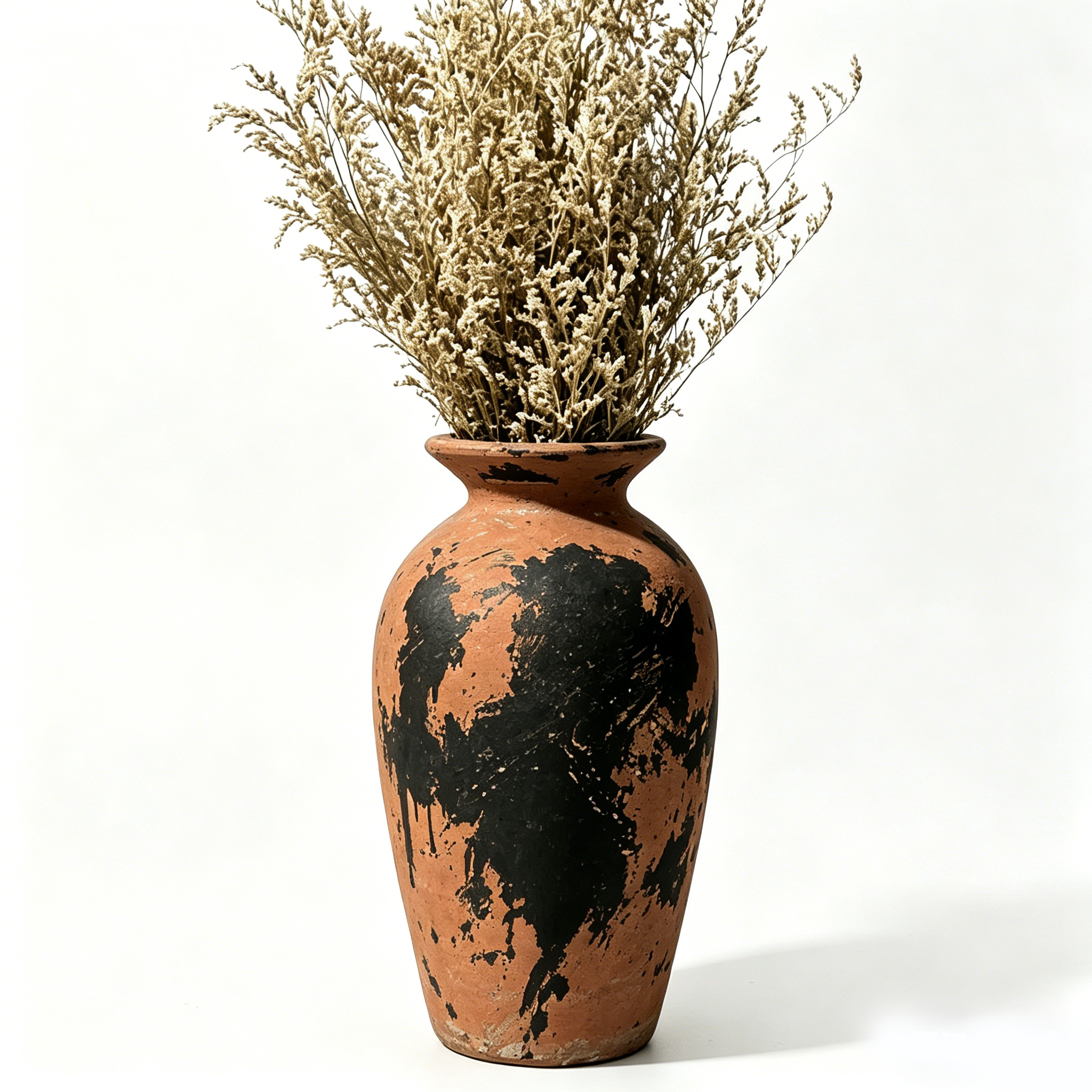 Distressed Terracotta and Black Abstract Urn Vase