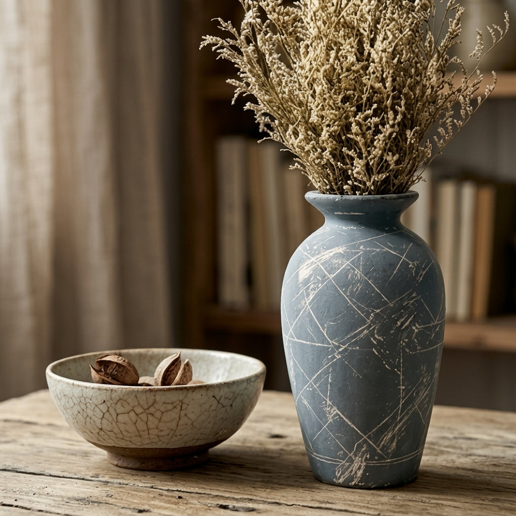 Weathered Slate Blue Etched Urn Vase