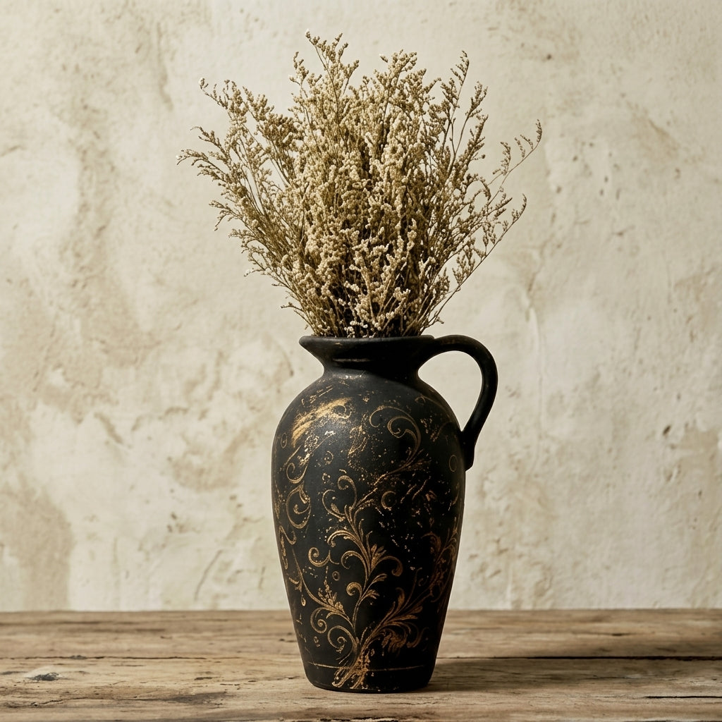 Distressed Gilded Scrollwork Black Urn