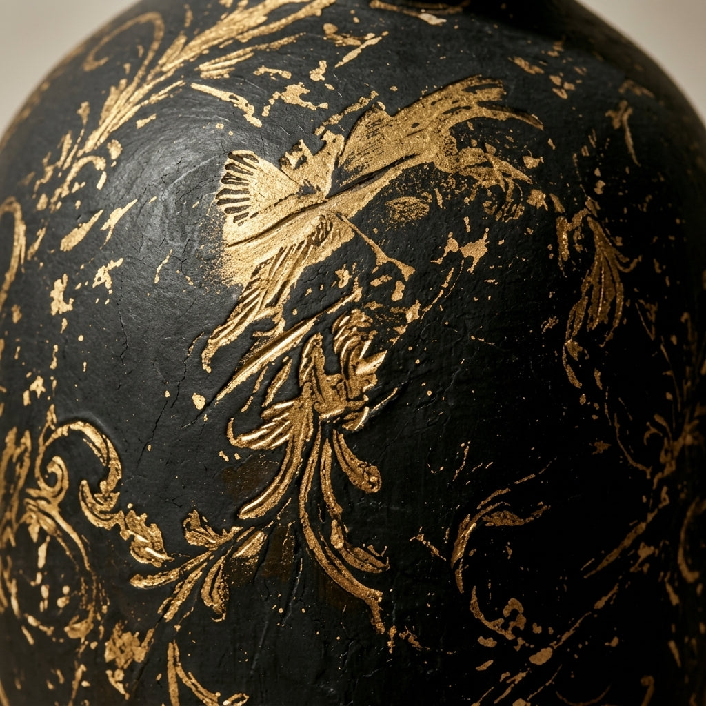 Distressed Black and Gold Scrollwork Urn Vase