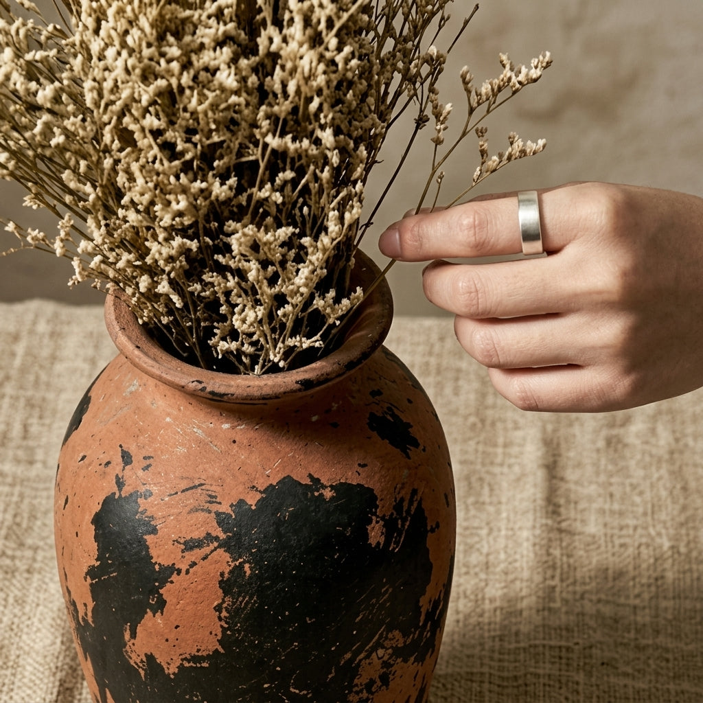 Distressed Terracotta and Black Abstract Urn Vase