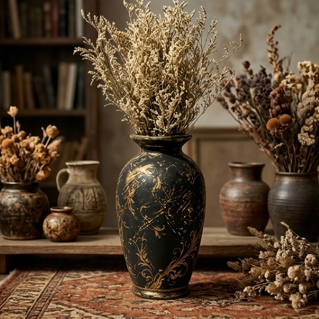 Distressed Black and Gold Scrollwork Urn Vase