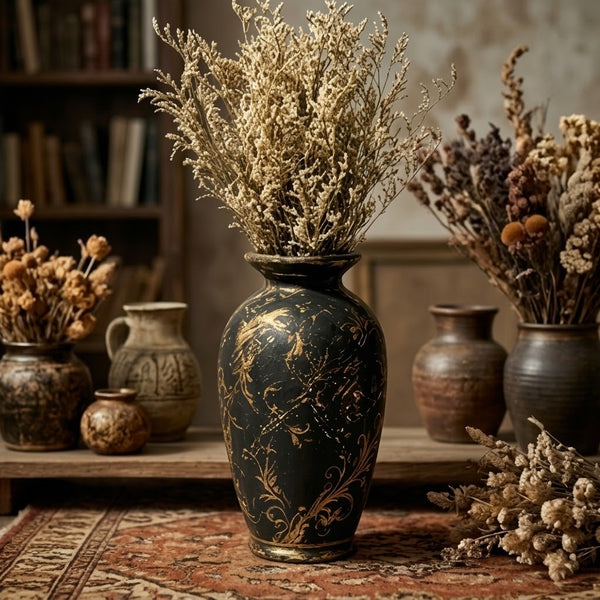 Distressed Black and Gold Scrollwork Urn Vase