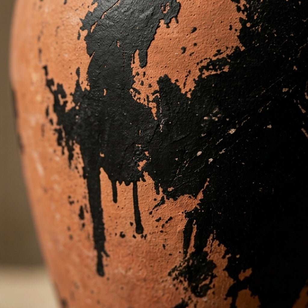 Distressed Terracotta and Black Abstract Urn Vase