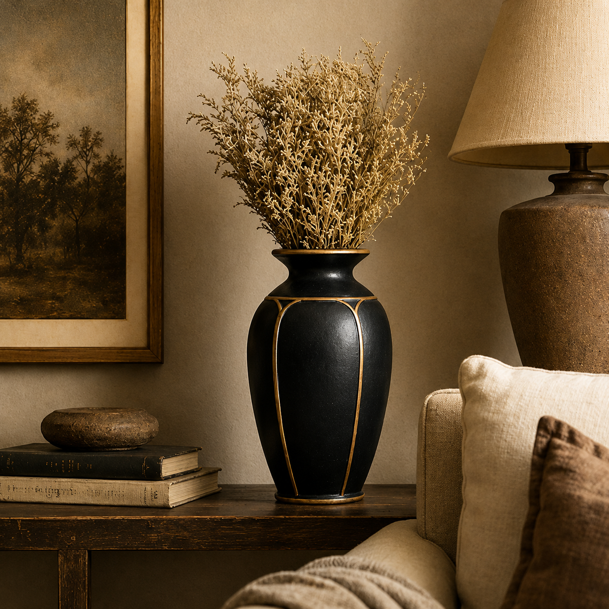 Matte Black and Gold Paneled Urn Vase