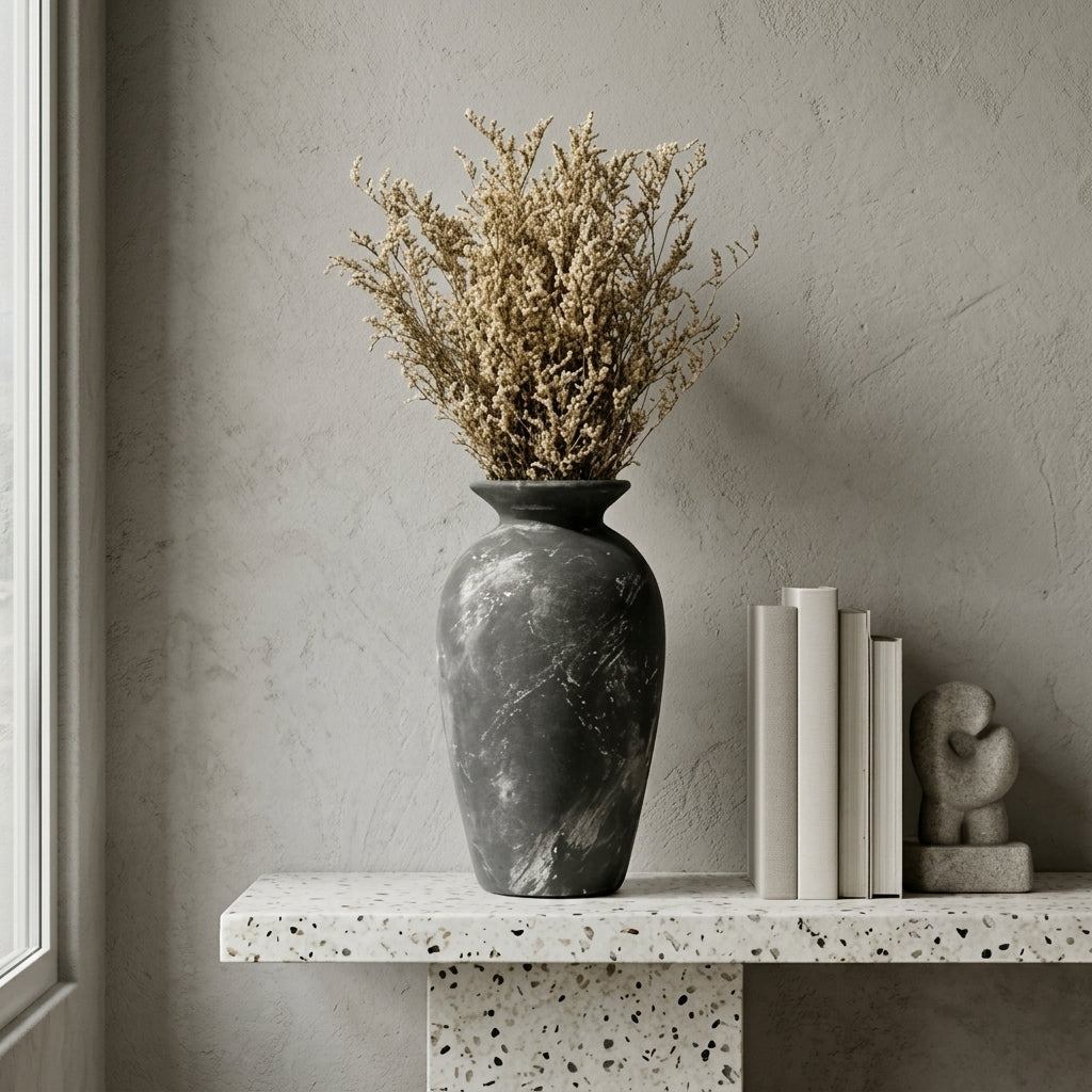 Weathered Charcoal Stone-Look Urn Vase
