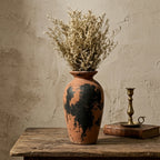 Distressed Terracotta and Black Abstract Urn Vase
