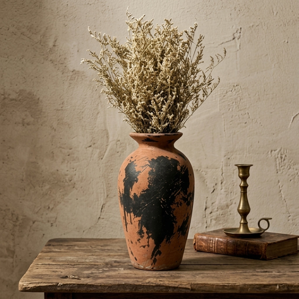Distressed Terracotta and Black Abstract Urn Vase