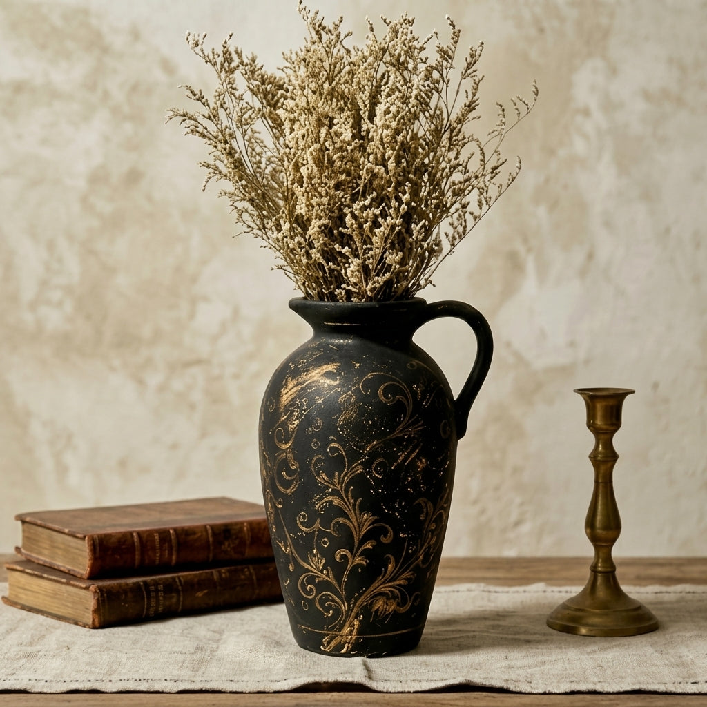 Distressed Gilded Scrollwork Black Urn