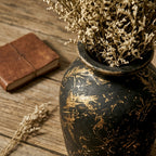 Distressed Black and Gold Scrollwork Urn Vase