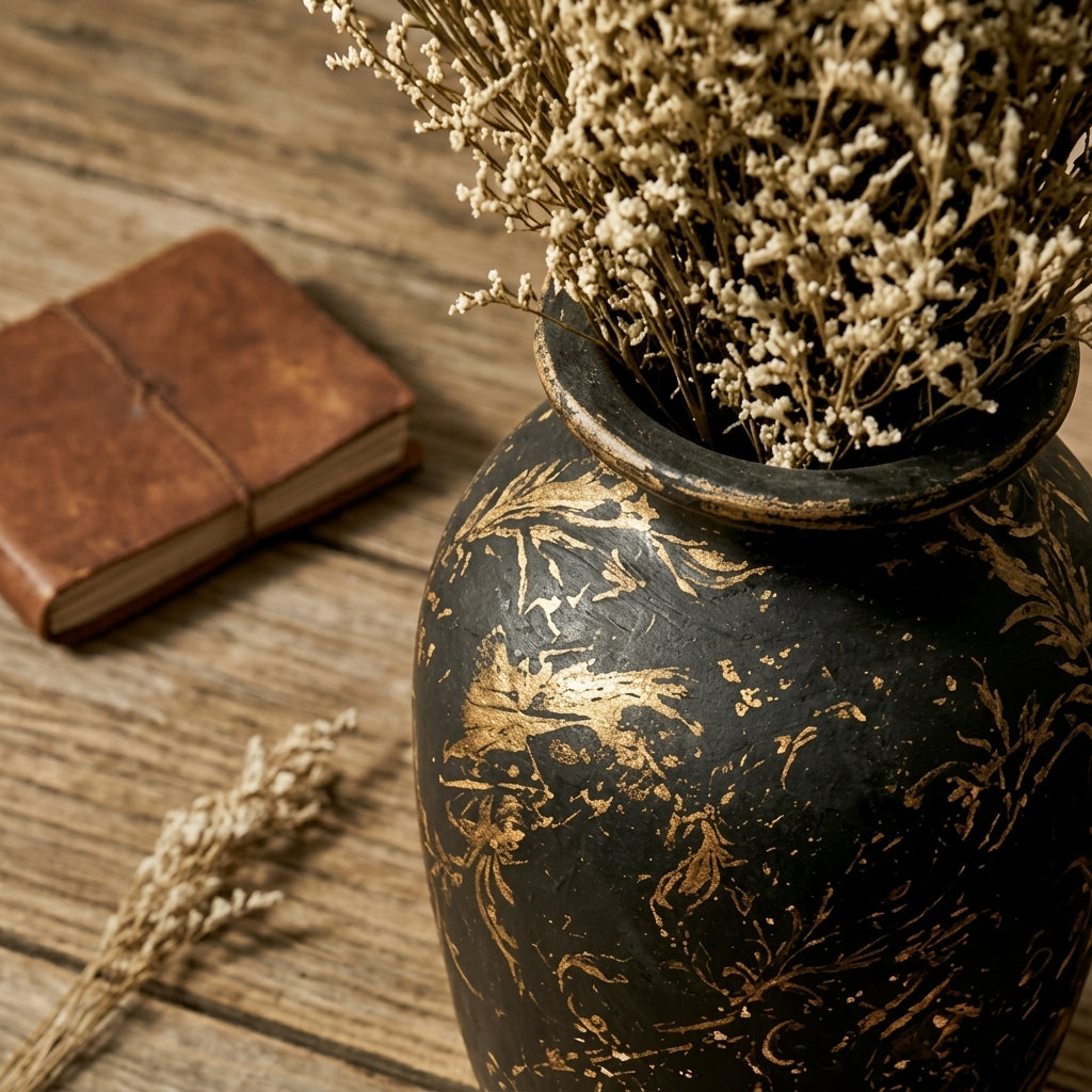 Distressed Black and Gold Scrollwork Urn Vase