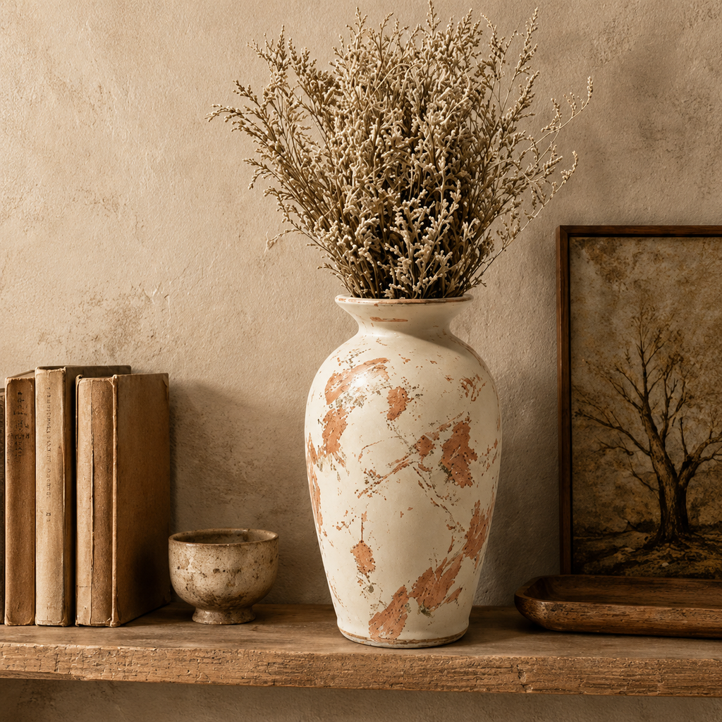 Distressed Cream and Terracotta Urn Vase