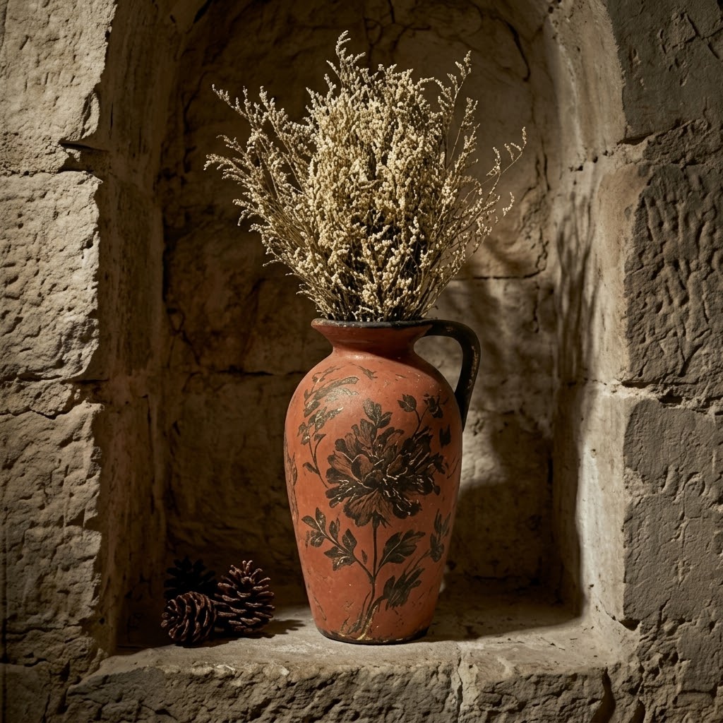 Antiqued Terracotta Black Peony Urn Vase
