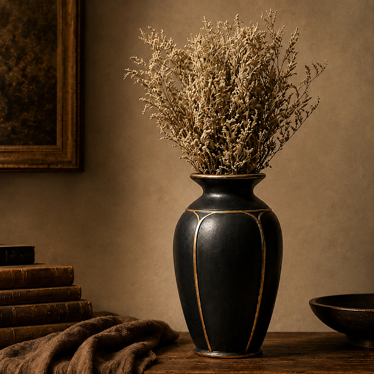Matte Black and Gold Paneled Urn Vase
