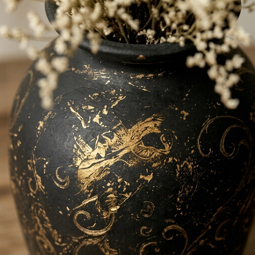 Distressed Gilded Scrollwork Black Urn