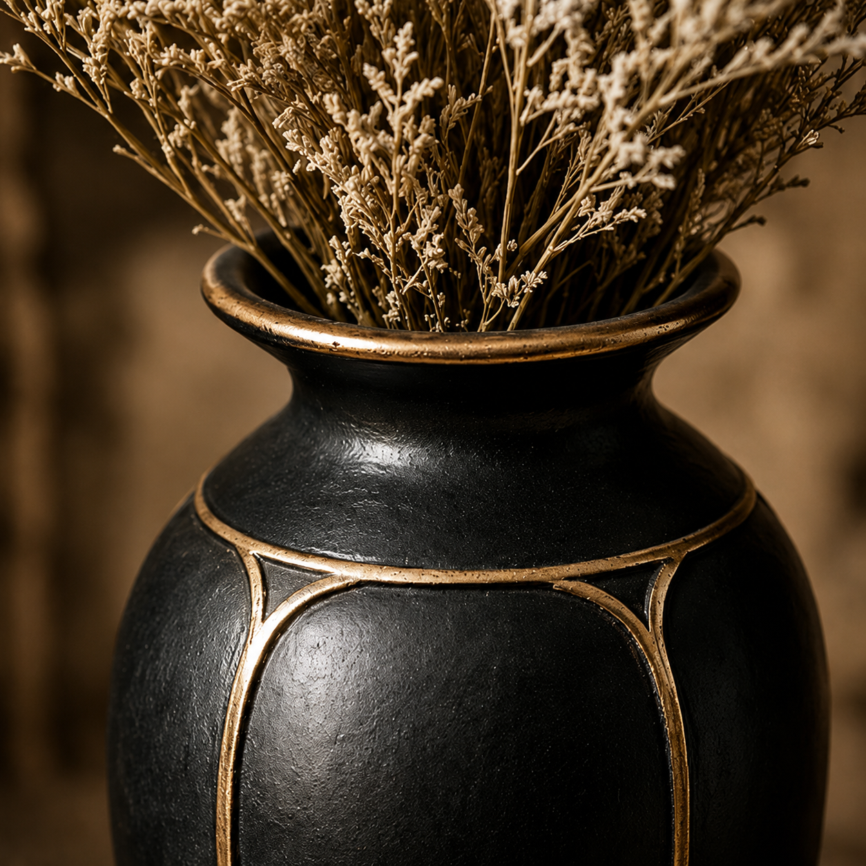 Matte Black and Gold Paneled Urn Vase