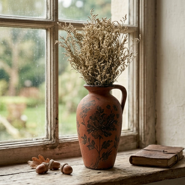 Antiqued Terracotta Black Peony Urn Vase