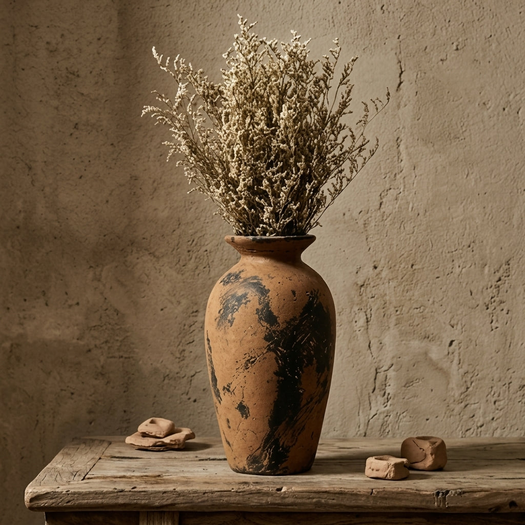 Distressed Terracotta and Black Artisan Vase