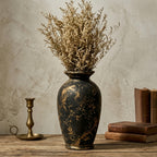 Distressed Black and Gold Scrollwork Urn Vase