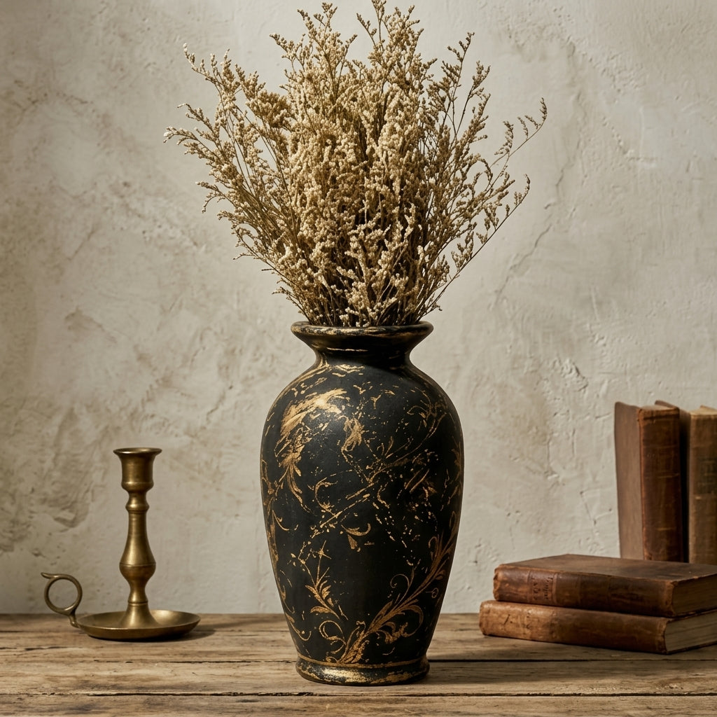 Distressed Black and Gold Scrollwork Urn Vase