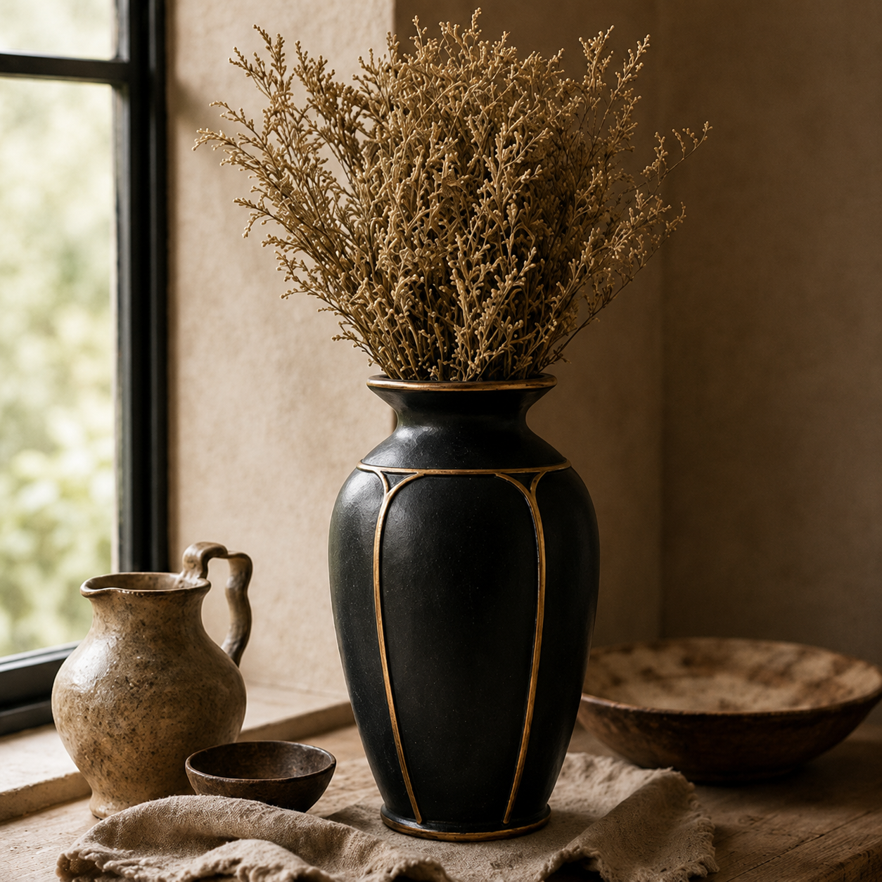 Matte Black and Gold Paneled Urn Vase
