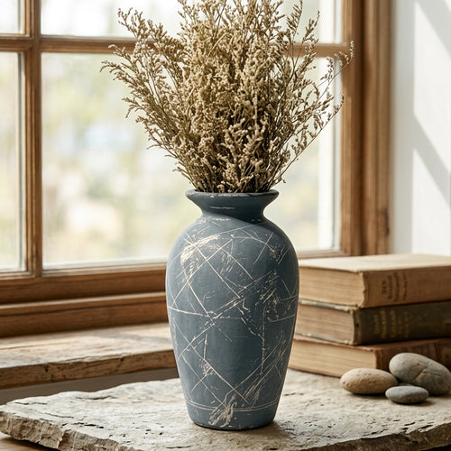 Weathered Slate Blue Etched Urn Vase