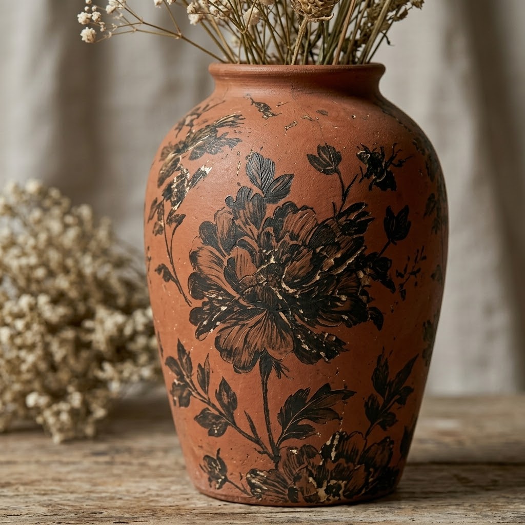 Antiqued Terracotta Black Peony Urn Vase