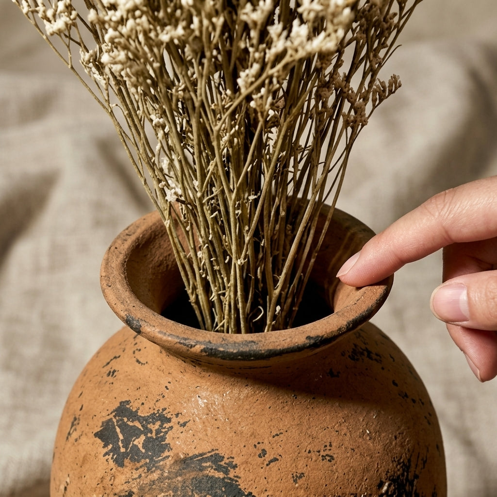 Distressed Terracotta and Black Artisan Vase