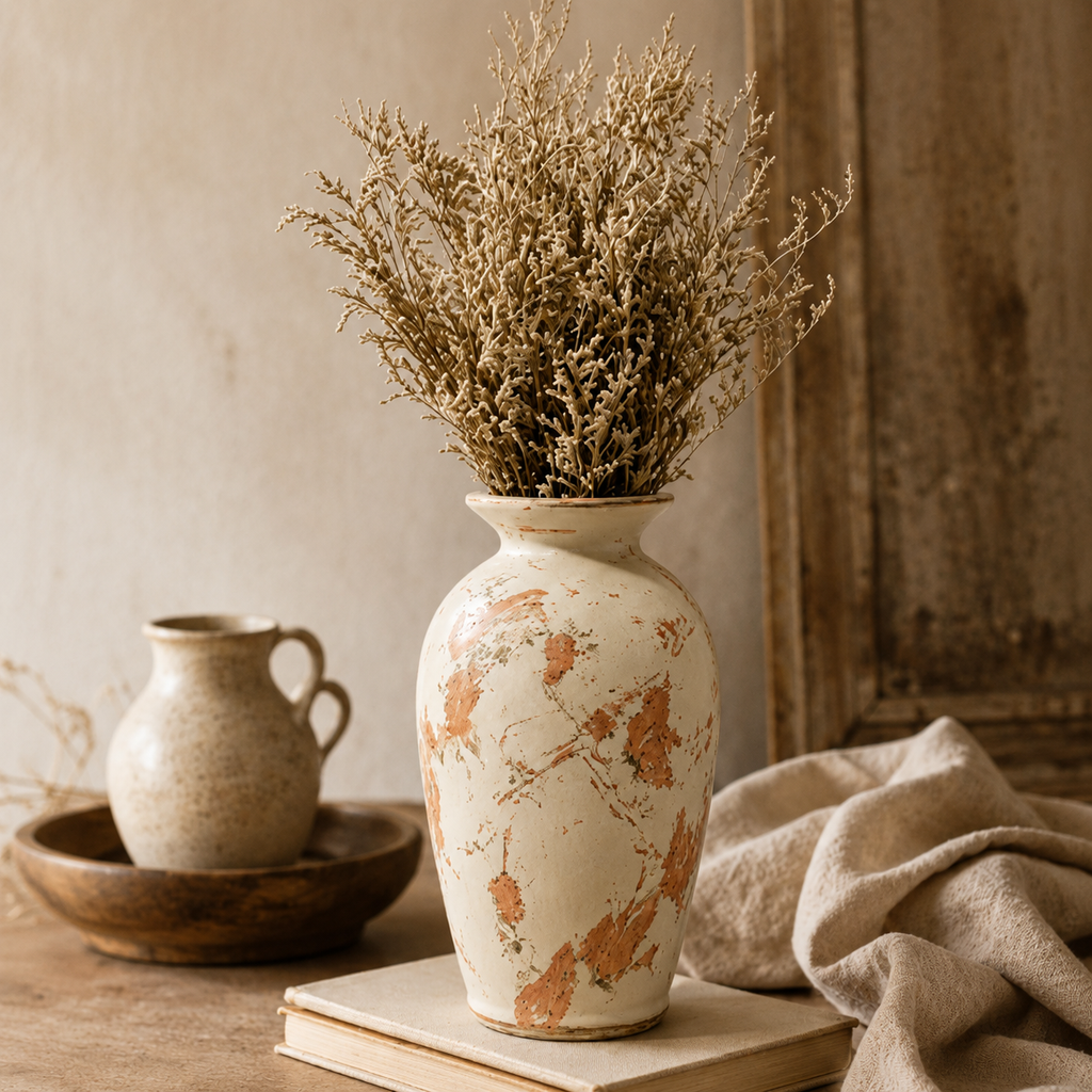 Distressed Cream and Terracotta Urn Vase